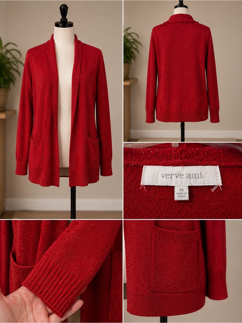 verve ami Red Open-Front Sparkle Cardigan Sweater - Medium